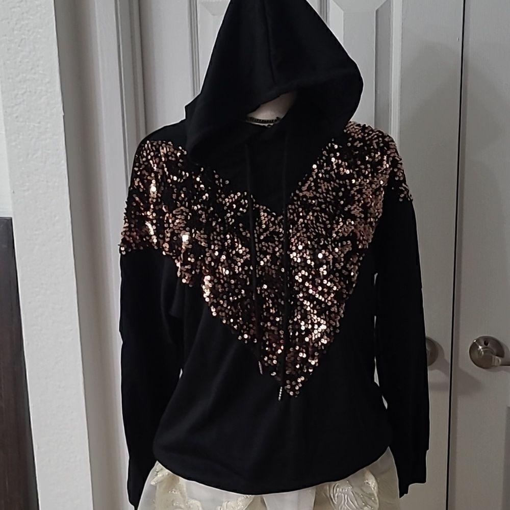 Bestie Hoodie Bronze Sequin Chevron Hoodie sz Small Medium - Picture 3 of 14